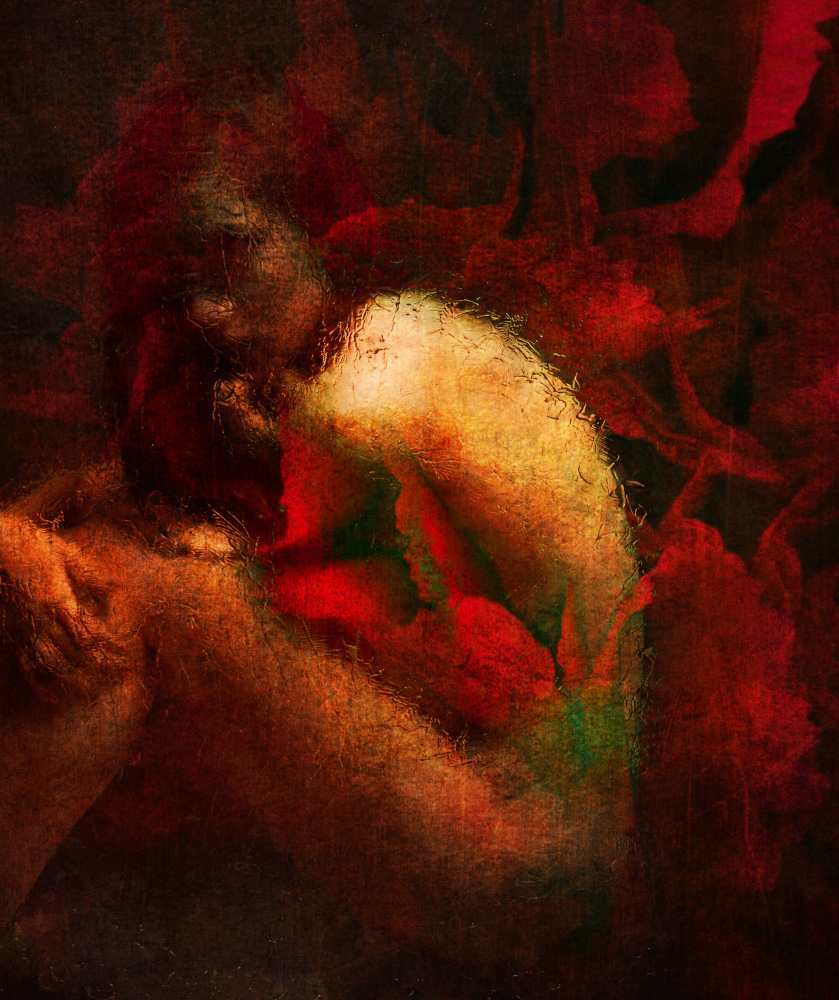 Abstract image of a woman enveloped in swirling red and dark tones, conveying a mood of introspection and mystery.